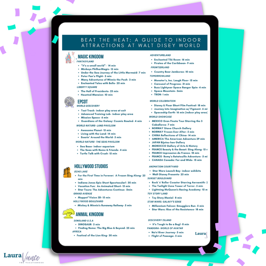 iPad with a pdf showing list of attractions with a/c at Disney